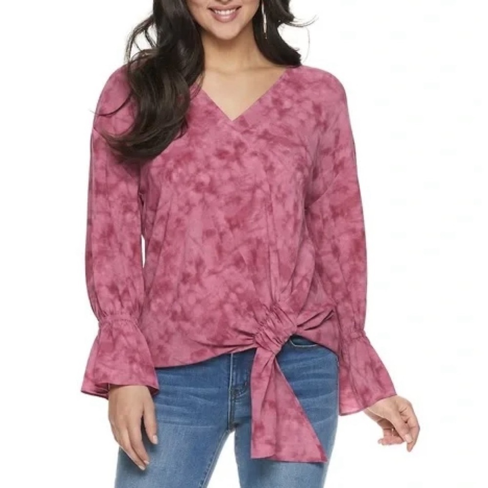 Juicy Couture pink tie-dye blouse with bell sleeves and a front tie detail